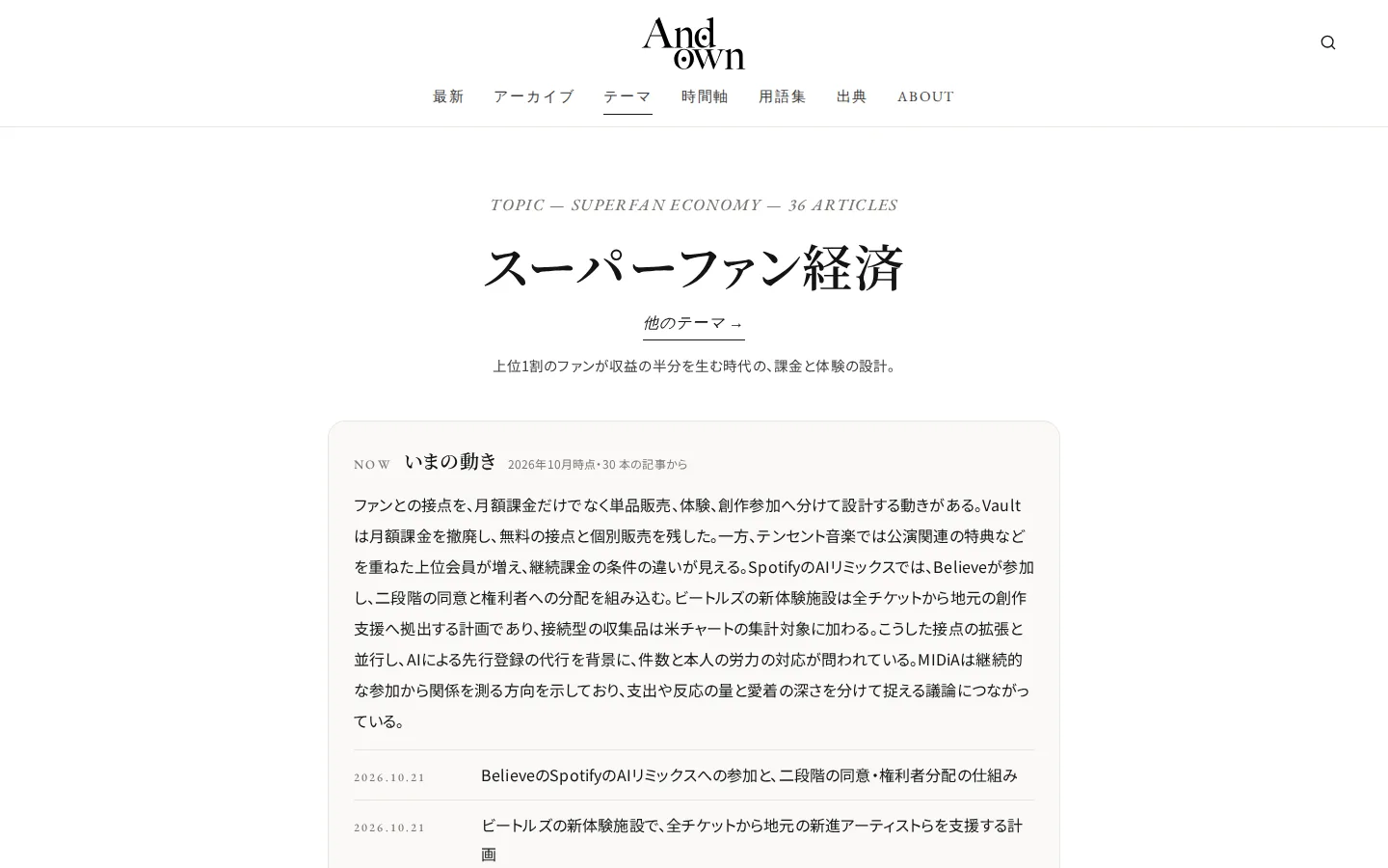 Andown テーマのページ「いまの動き」